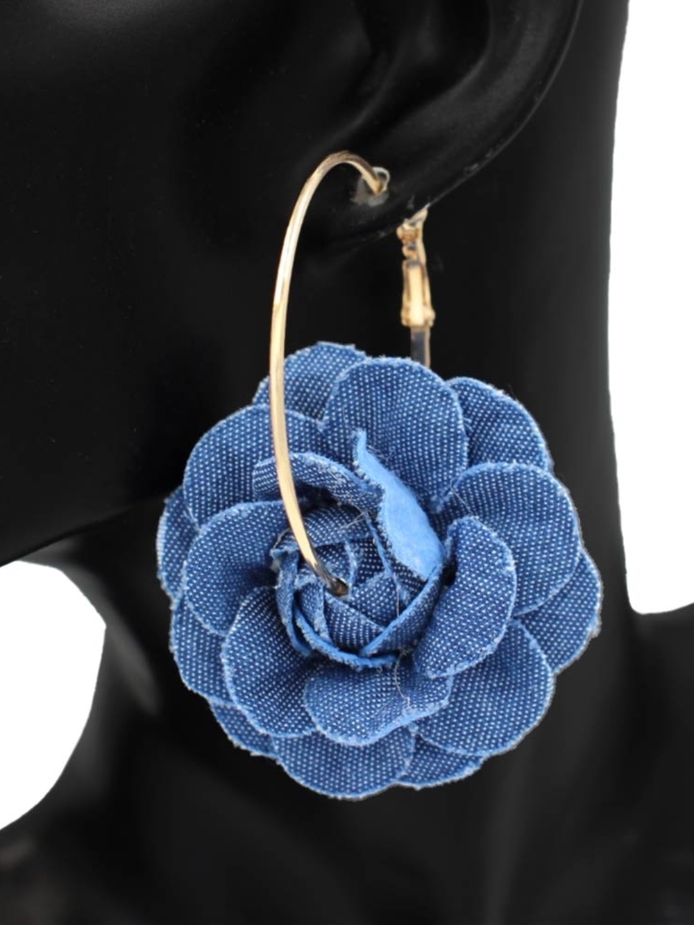 Blue Denim Hoop Earrings 2.75" Fabric Rose Charm Statement Floral Flower Jeans